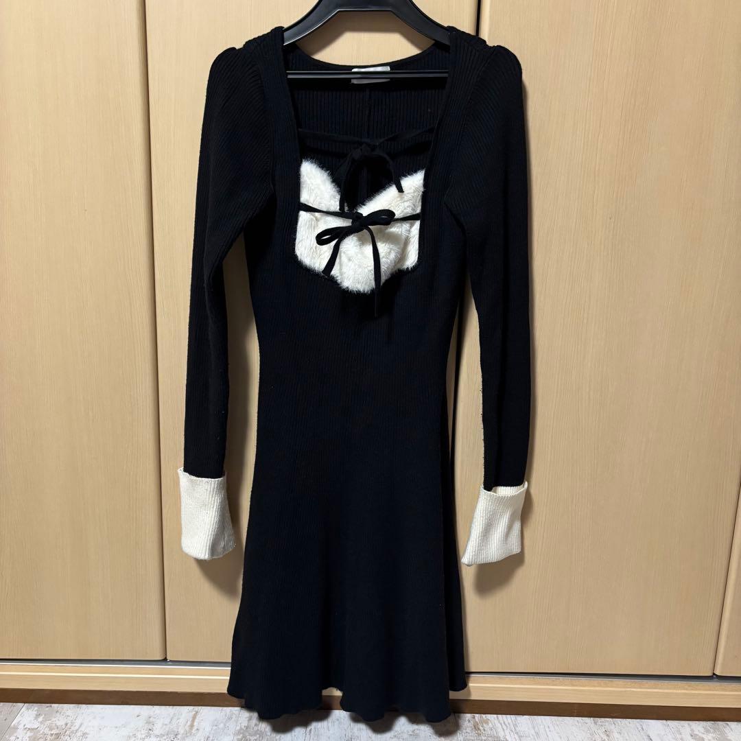 Darich リボンファーフレアニットミニワンピース FLサイズ ブラック