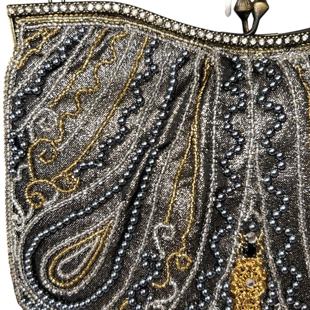 ビーズバッグ パーティバッグ がま口 チェーン ゴールド×ブラック 和装バッグ