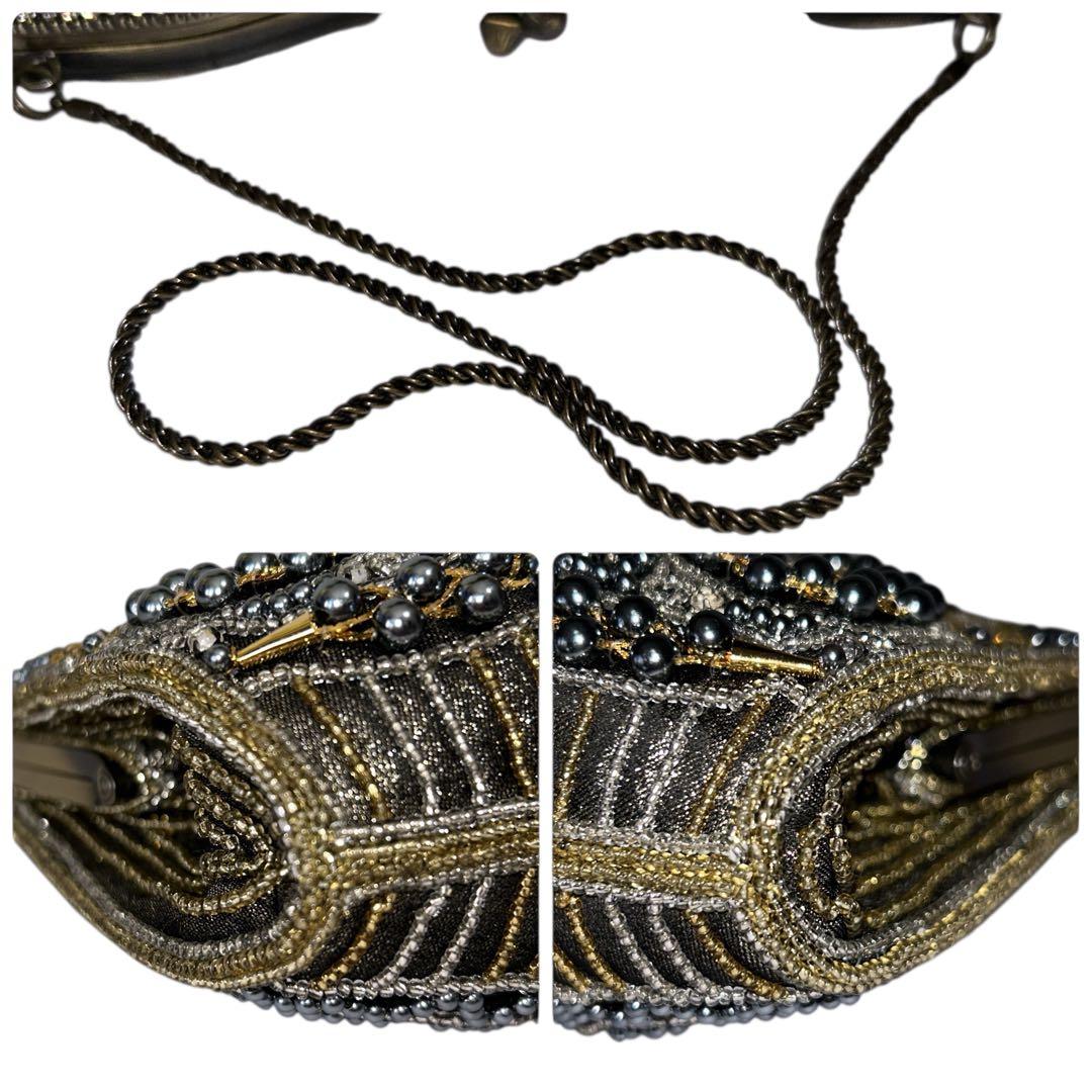 ビーズバッグ パーティバッグ がま口 チェーン ゴールド×ブラック 和装バッグ