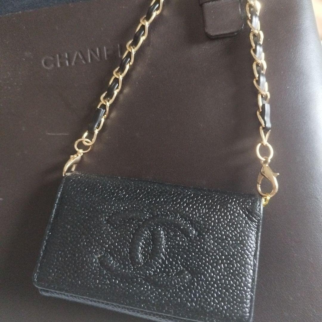 CHANEL ブラック レザー チェーンケース キーケース