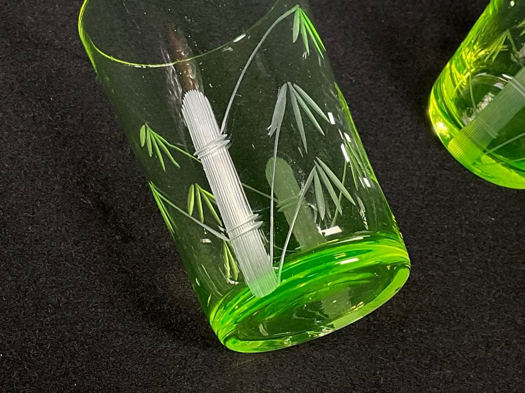 アンティーク　ウランガラス　大正期　コップ　グラス　竹之図　すりガラス　3客