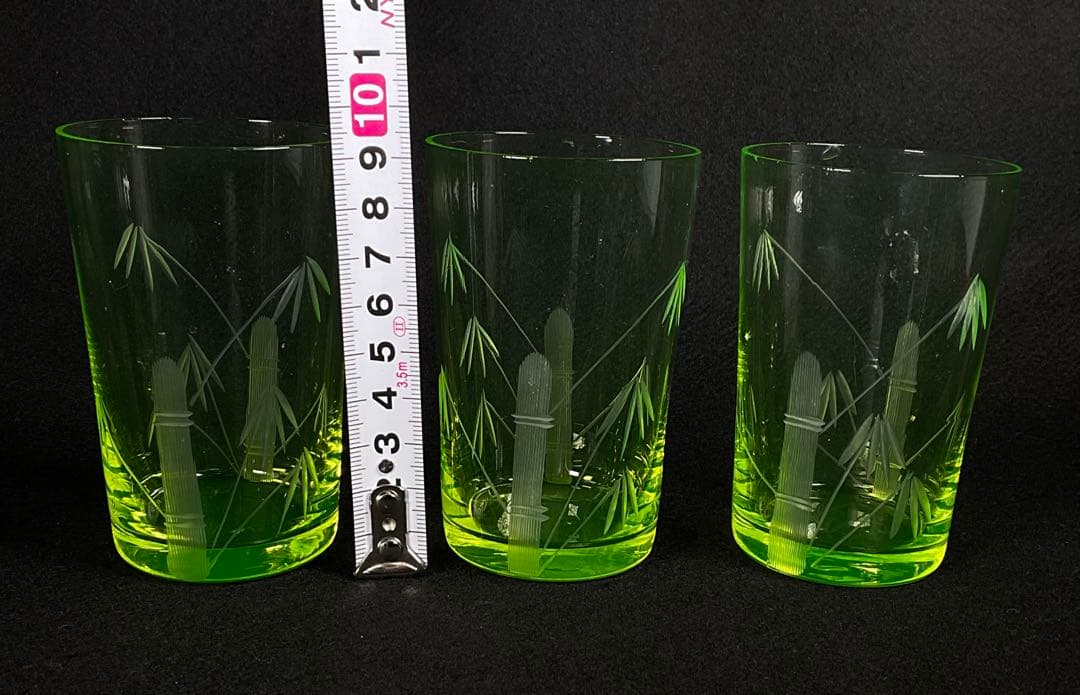 アンティーク　ウランガラス　大正期　コップ　グラス　竹之図　すりガラス　3客
