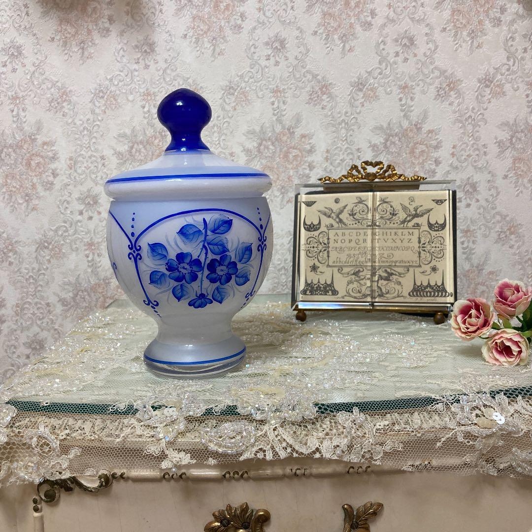 ♪フランスアンティーク ガラスの青い花のキャンディボックス キャニスター小物入れ