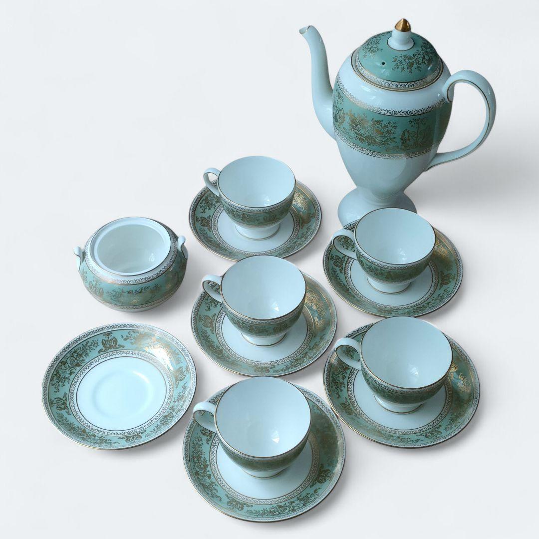 【ウェッジウッド】コロンビア カップ&ソーサー5客＆ティーポット他 黒壺 美品