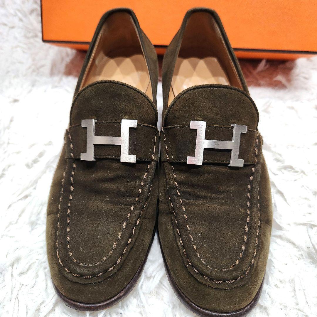 エルメス❣️ローファー　23.5cm　コンスタンス　Hバックル　スエード　カーキ