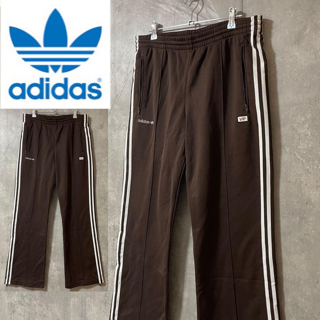 adidasアディダストラックパンツジャージ茶色ブラウン刺繍ロゴワイド