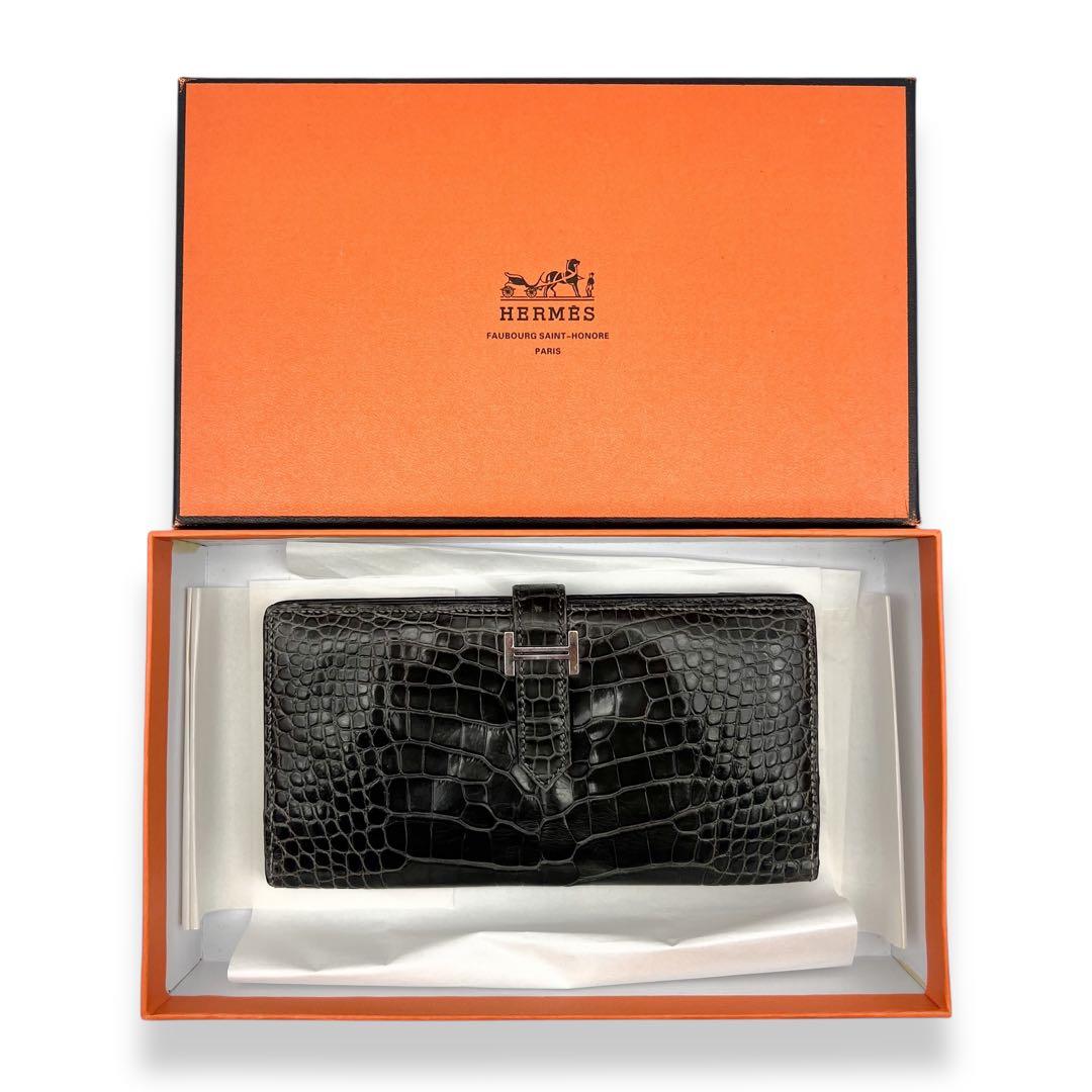 【美品】エルメス　クロコダイル　ベアンスフレ　グレー　長財布　折財布　763