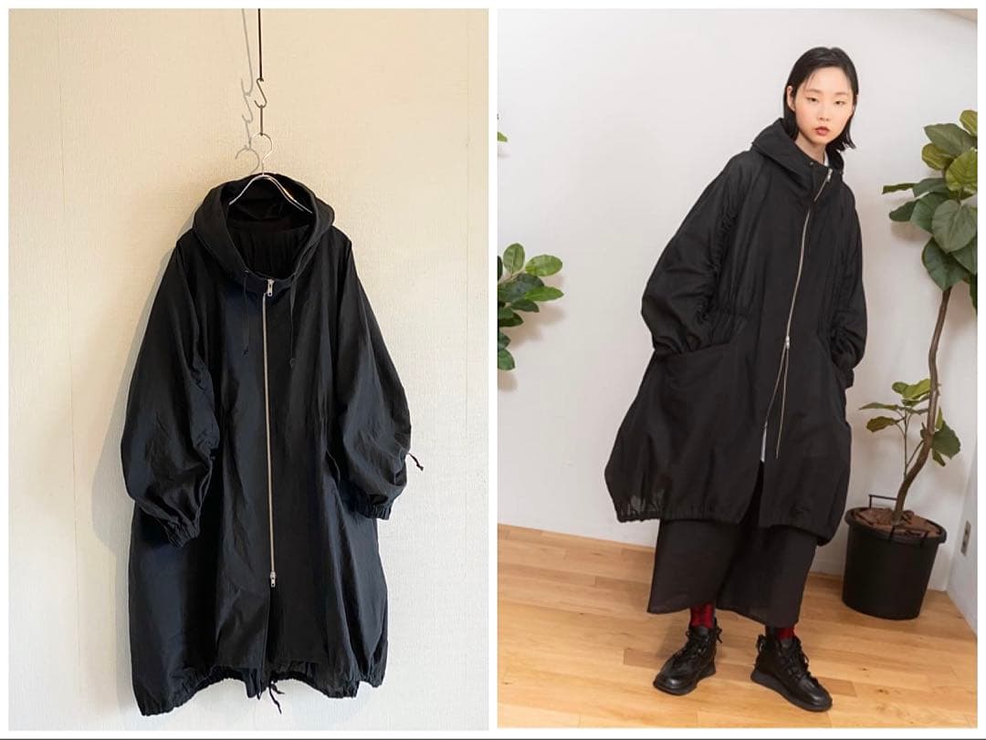 美品 定価88000円 2024AW 慈雨 ギャザーモッズコート 黒 ゆったり