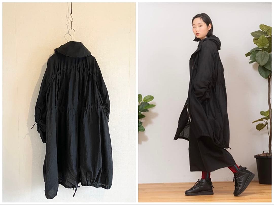 美品 定価88000円 2024AW 慈雨 ギャザーモッズコート 黒 ゆったり