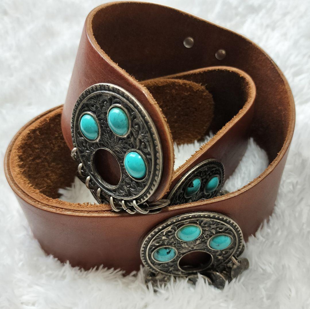 コンチョベルト 本革 ターコイズブルー ヴィンテージ 茶色 5連 - メルカリ