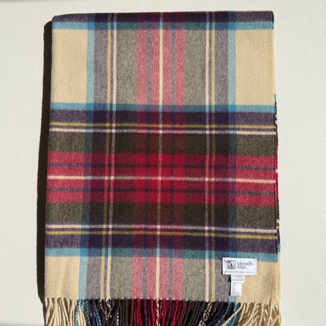 美品　ジョンストンズ　大判　ストール　マフラー　カシミヤ　チェック　グリーン
