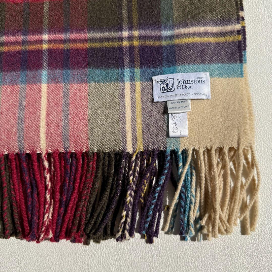美品　ジョンストンズ　大判　ストール　マフラー　カシミヤ　チェック　グリーン