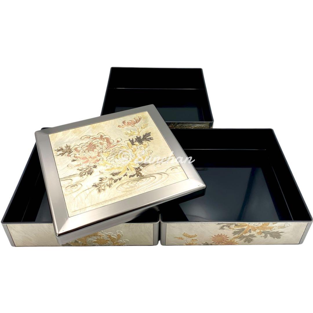 希少品】 彫金 三段重 共箱 説明栞付き 御重箱 重箱 純金 純銀 銅