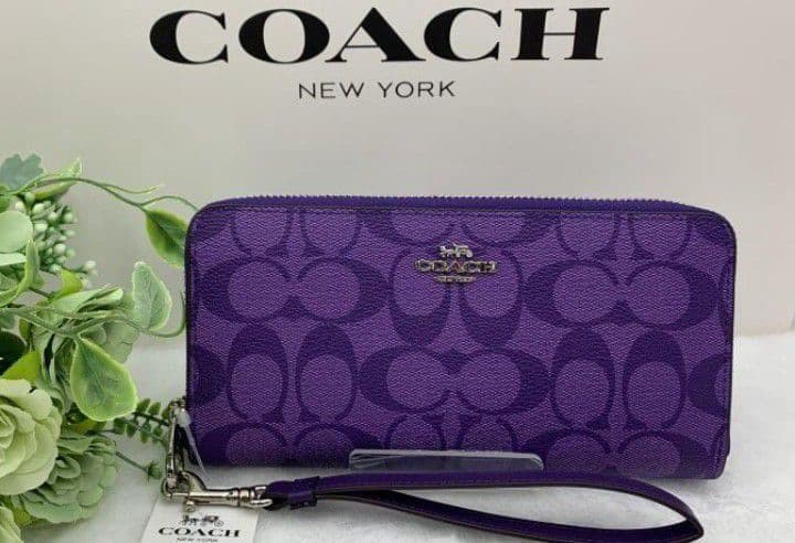 新品未使用コーチ長財布ストラップ付きパープルレディースメンズ送料無料即日発送