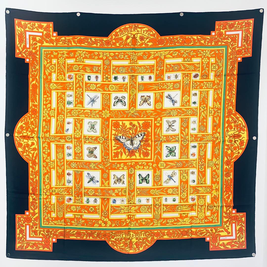 美品 エルメス シルクスカーフ カレ90 夏の宝石 黒 オレンジ - メルカリ