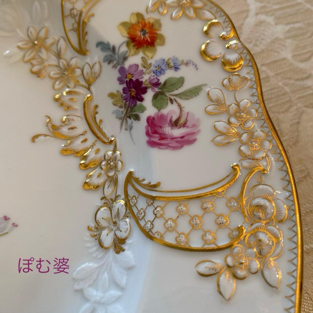 古マイセン】金彩 花絵皿「ノイマルセイユ／フラワーブーケと昆虫」2枚