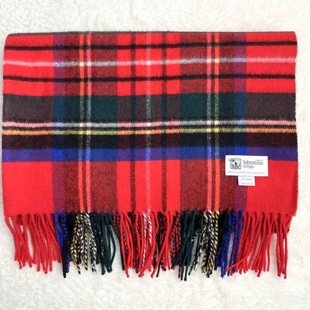 未使用級✨ジョンストンズ 大判 ストール カシミヤ ロイヤルスチュワート 赤