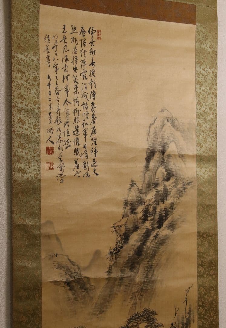 【模写】日本画 田能村直入 山水図 絹本 掛け軸 木箱 幕末明治期 M815