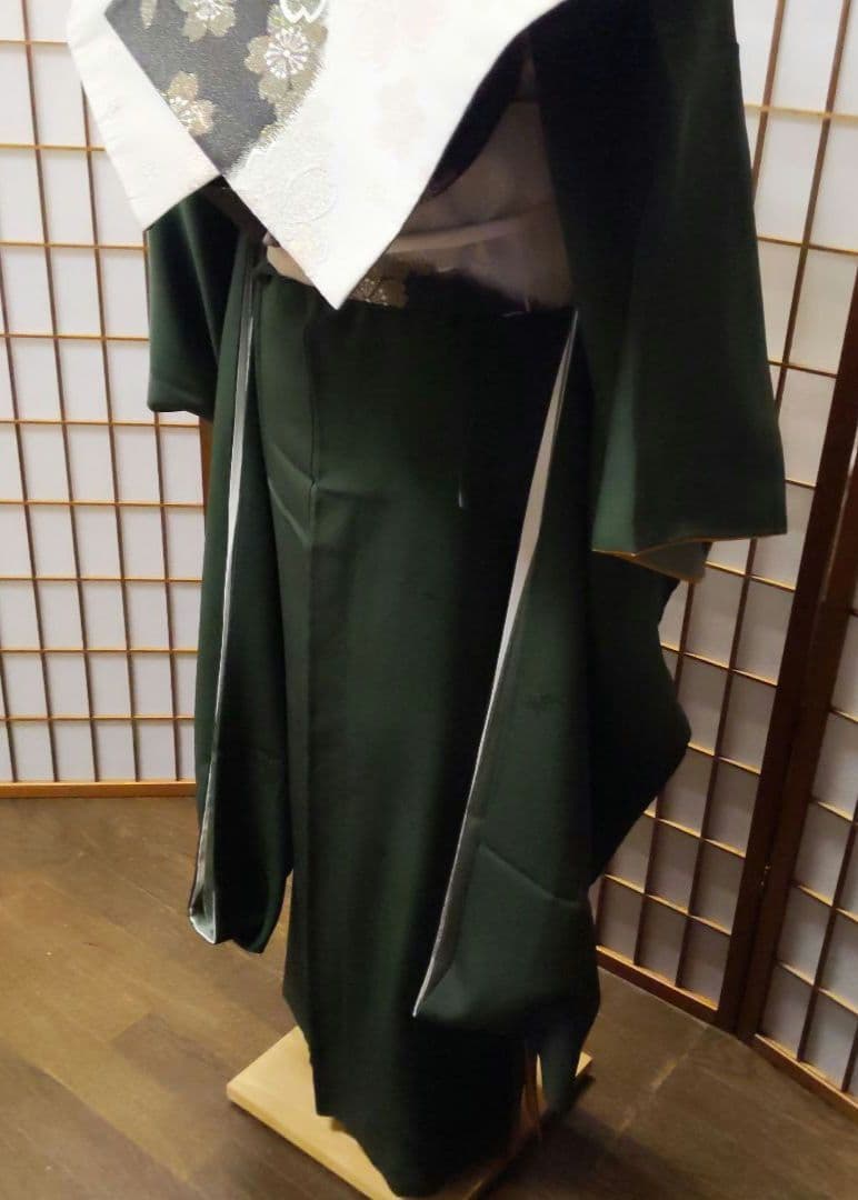 454【最終価格】無地モスグリーン【山本寛斎正絹振袖8点フルセット