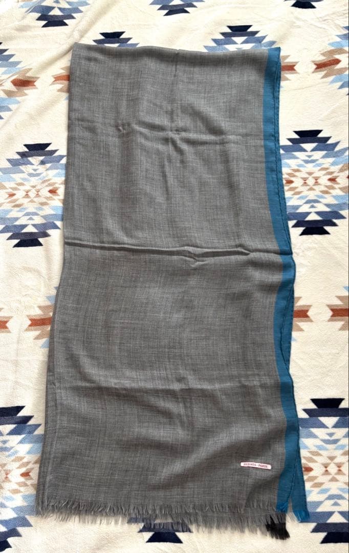 HERMES エルメス 大判ストール 100%カシミア グレー&ブルー フリンジ