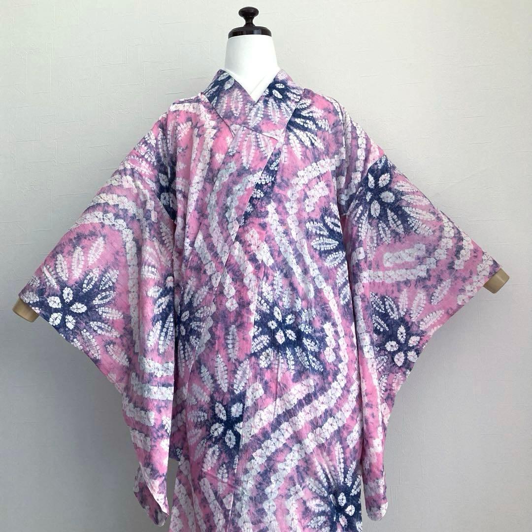 有松絞り浴衣　絞り浴衣　蜘蛛絞り　淡いピンク花模様　手縫　絞り浴衣　No.2-4