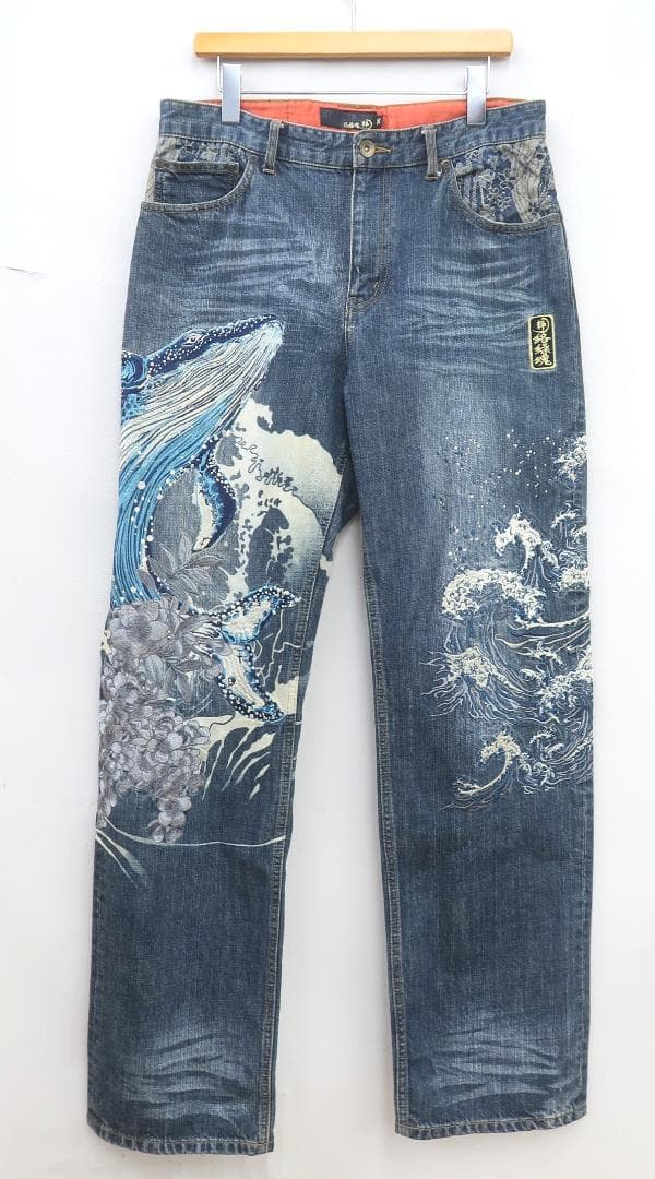 絡繰魂 292211 大海ザトウクジラ 激流 刺繍 デニムパンツ