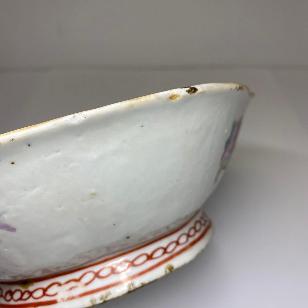 中国清時代 粉彩花鳥画鉢 幅約22㎝ 東Y7-0331②タサオ