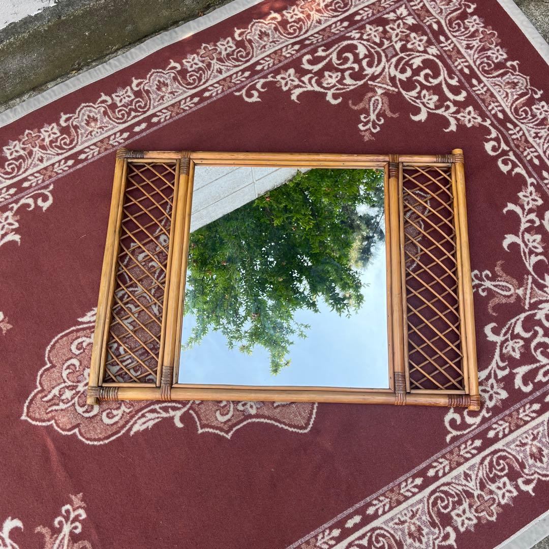 古雑貨ビンテージ品◾️籐ラタンパネル 壁掛けミラー ウォールミラー 鏡