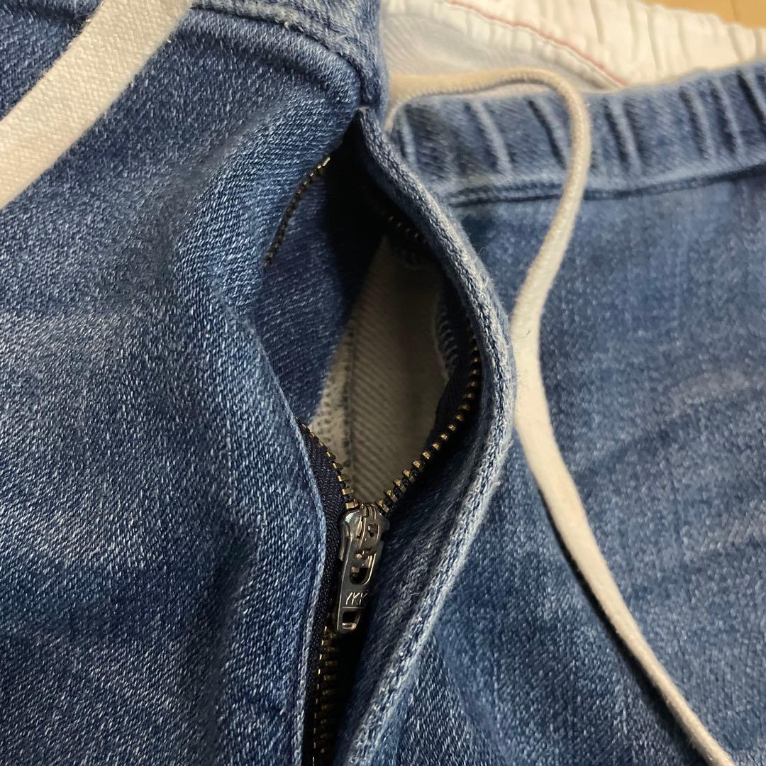 日本製　ホーンガーメント　ビンテージ加工カットデニムスウェット　セットアップ