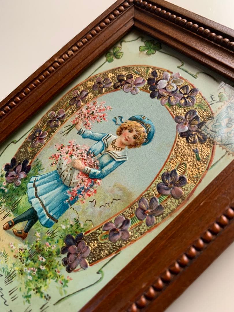 フランスアンティーク　エンボスされた絵葉書が入ったペアの小さな可愛過ぎる額！