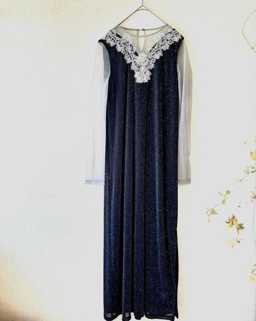 leja]レジャレースネック透け袖スリットキラキラロングドレス