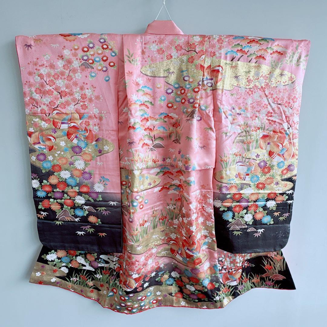 七五三　7歳女の子　フルセット　きものピンク　帯黒地　正絹　簡単半襟　7281