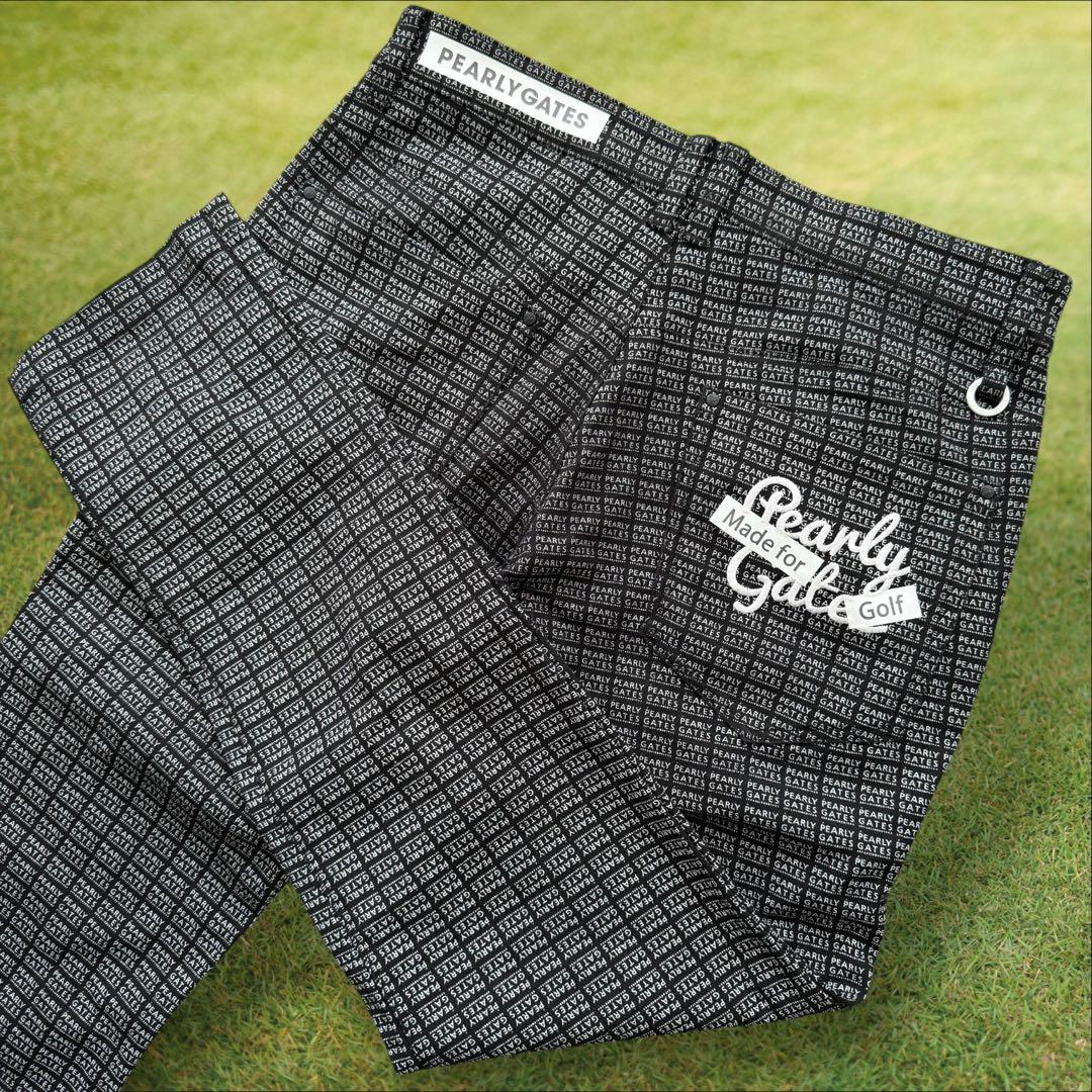美品 パーリーゲイツ パンツ 総柄 黒 白 M〜L相当 コットン素材 4