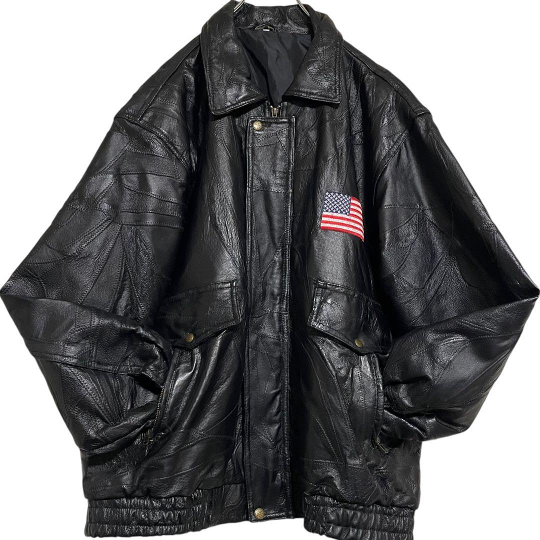 【大きいサイズ×刺繍】本革 リアルレザーシングルライダースジャケット 黒 3L
