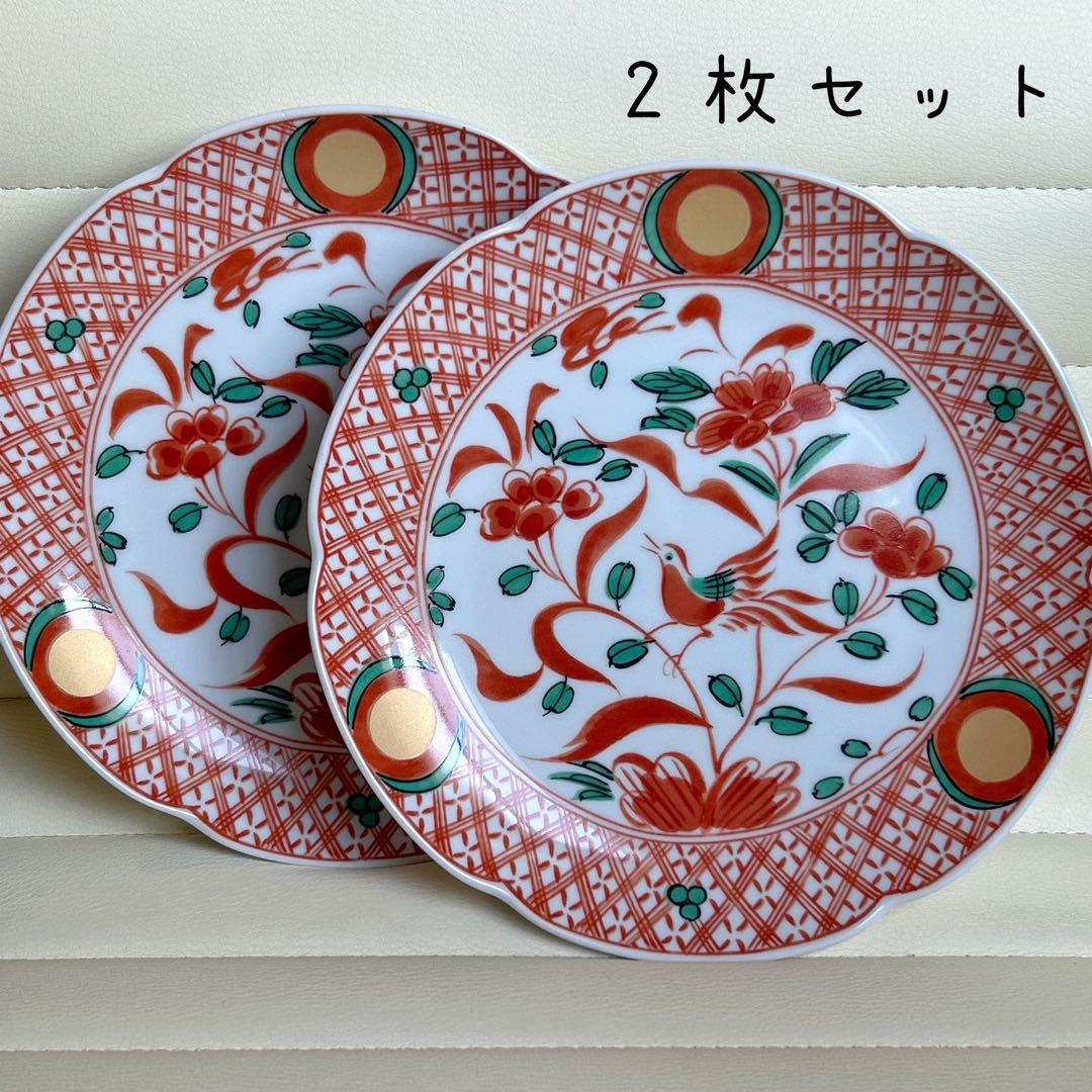 たち吉 赤絵花鳥 金彩丸紋 中皿 2枚セット 和皿 古伊万里 色絵 和食器