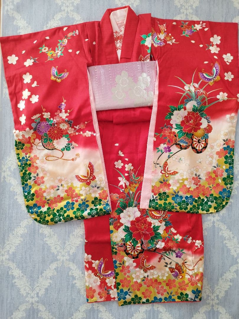 桜柄 7歳着物 七五三祝い着【美品・正絹】つくり帯セット