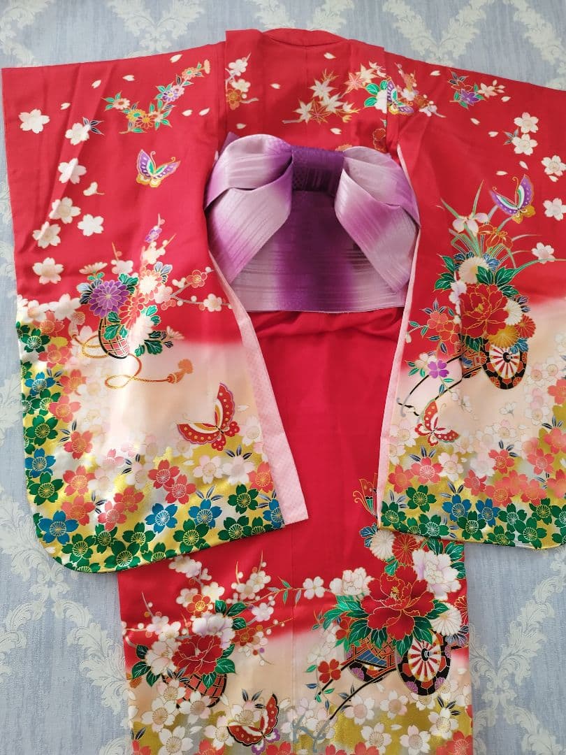 桜柄 7歳着物 七五三祝い着【美品・正絹】つくり帯セット