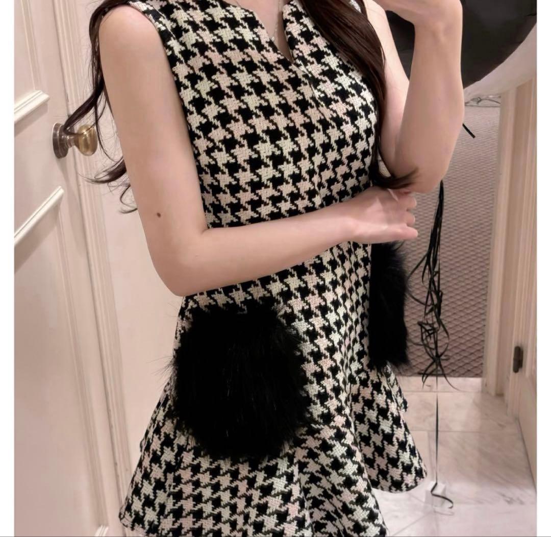 ルミニョン　Lumignon 千鳥柄　ポケット　ファー　ワンピース