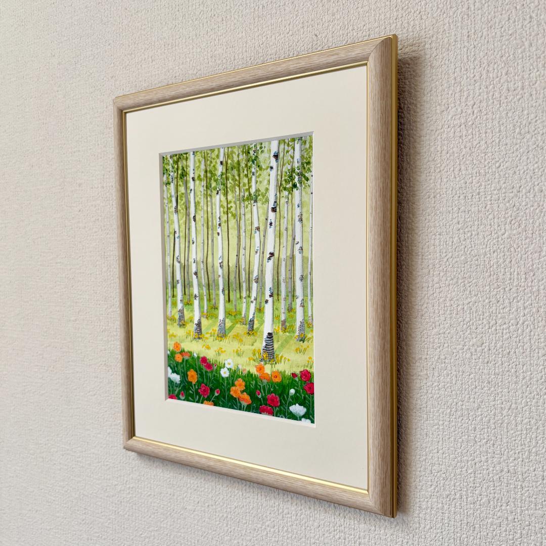 アクリル画 原画 「白樺林02」額縁付き SMサイズ 風景画