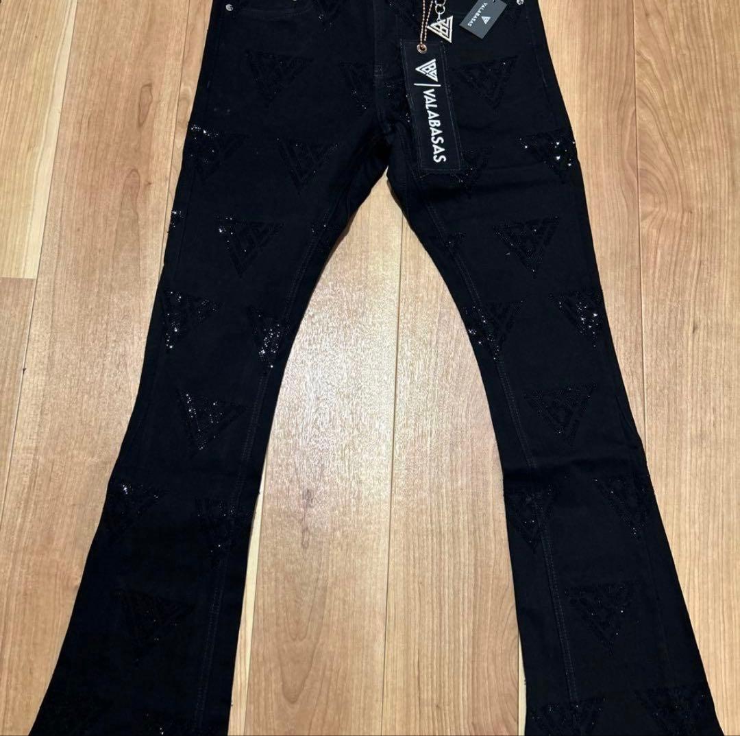 【新品未使用】valabasas ブラックフレアラインストーンデニム30