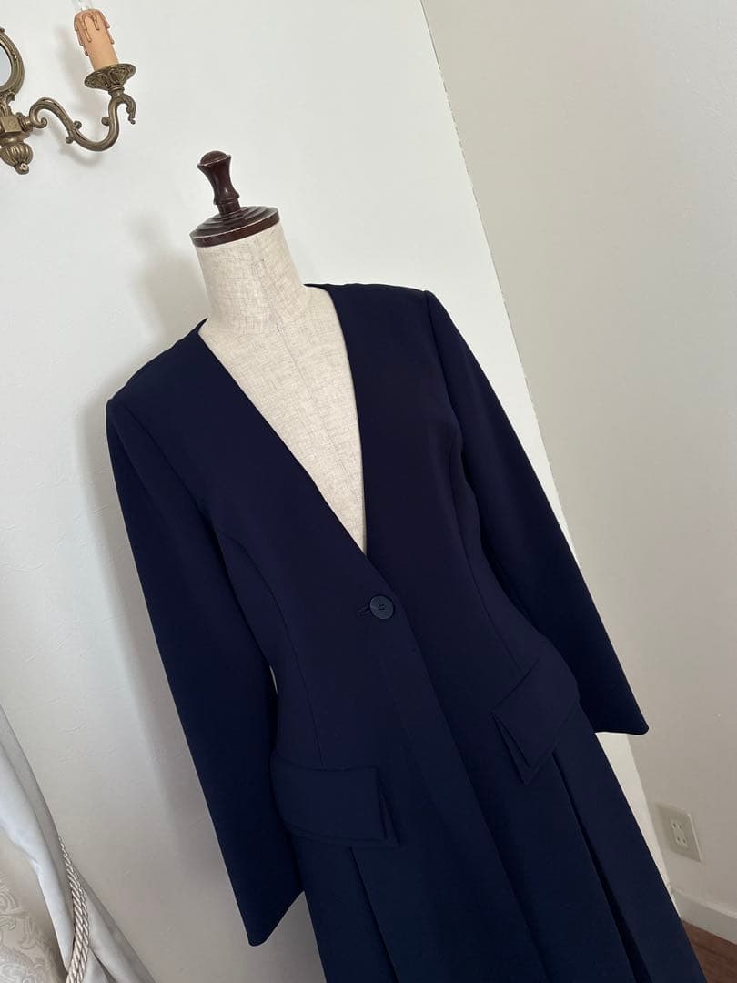 美品　フォクシーコレクション　ワンピースコートフロントプリーツ　紺色　40