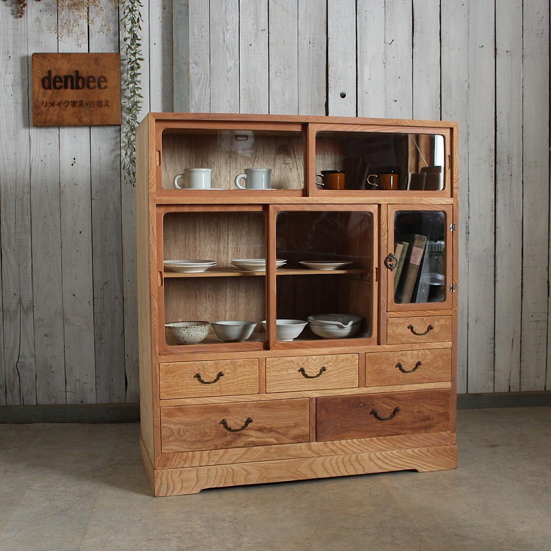 古い木枠のガラス戸棚 木製引き出し6杯 食器棚 本棚 キャビネット 古