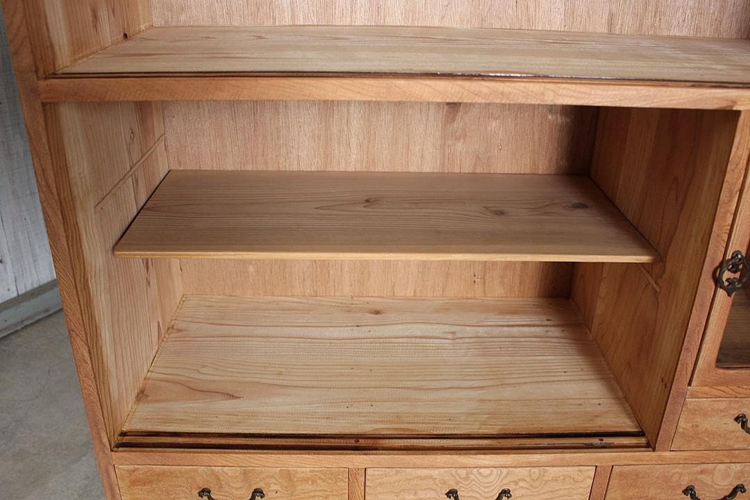 古い木枠のガラス戸棚 木製引き出し6杯 食器棚 本棚 キャビネット 古