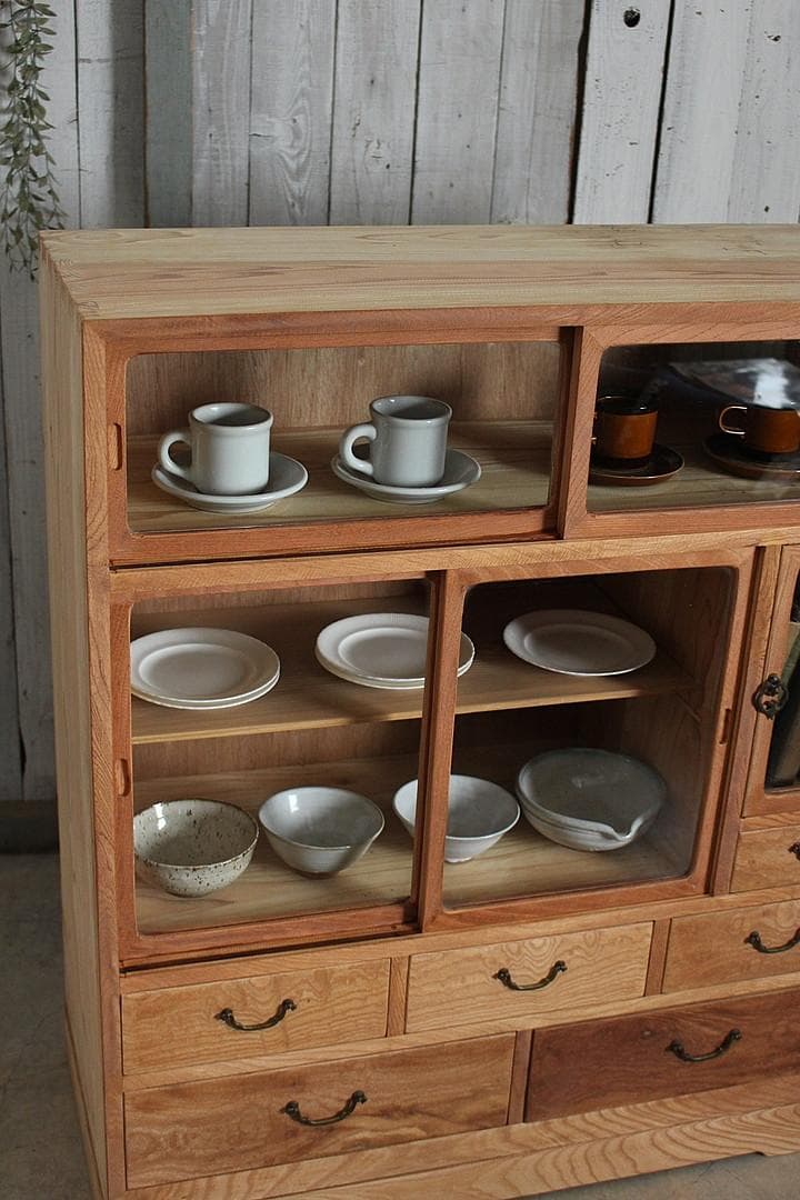 古い木枠のガラス戸棚 木製引き出し6杯 食器棚 本棚 キャビネット 古
