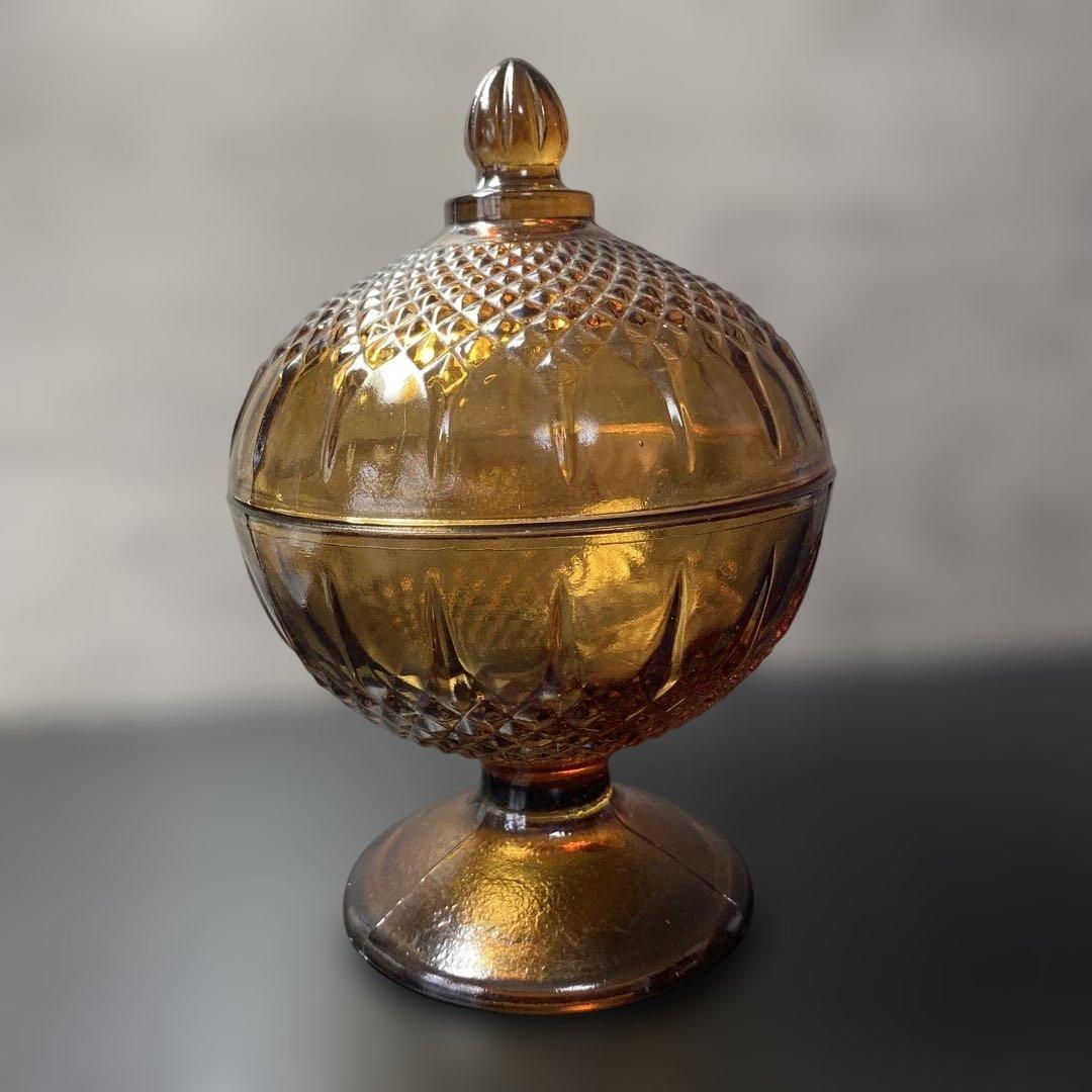 蓋付きコンポート 琥珀色ガラス 輸入雑貨 足付き アンティーク シック