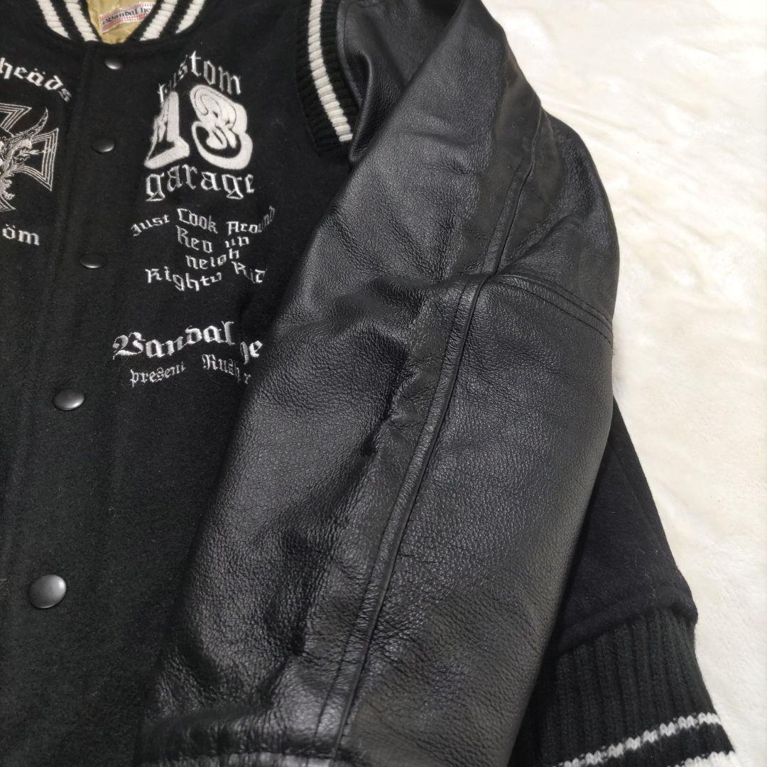 スタジャン　本革　切り替え　刺繍　ブラック　L