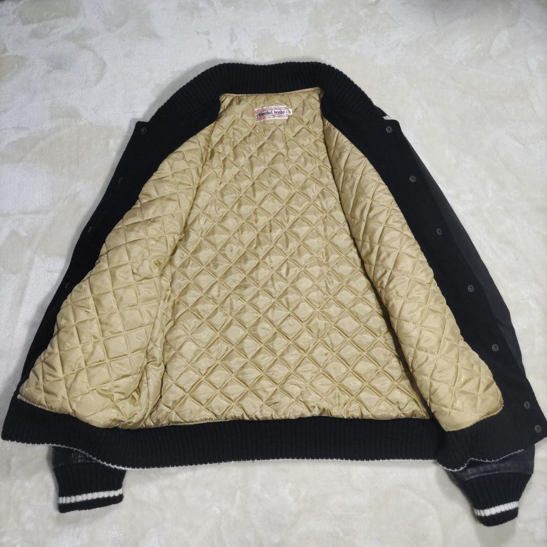 スタジャン　本革　切り替え　刺繍　ブラック　L