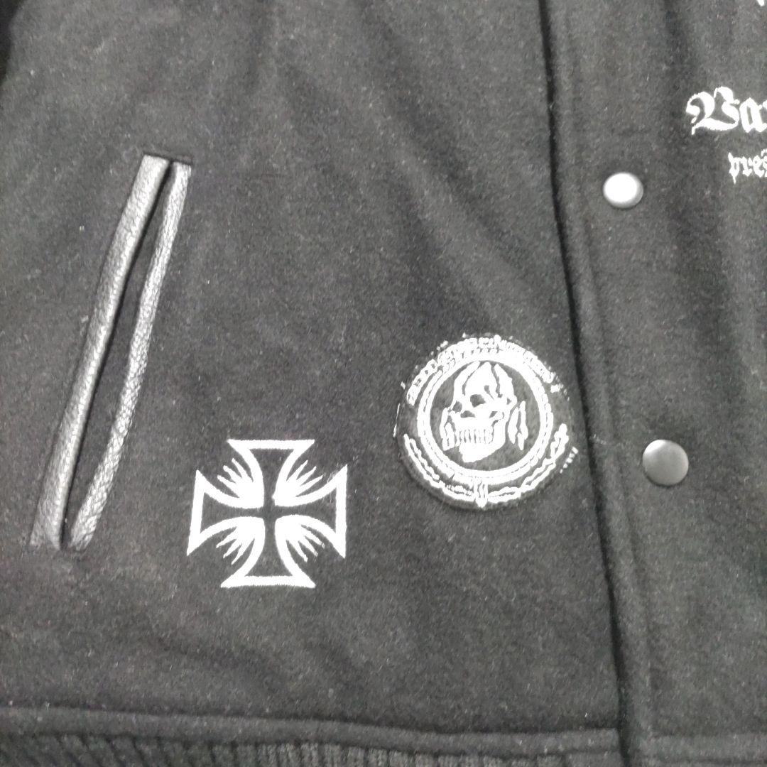 スタジャン　本革　切り替え　刺繍　ブラック　L