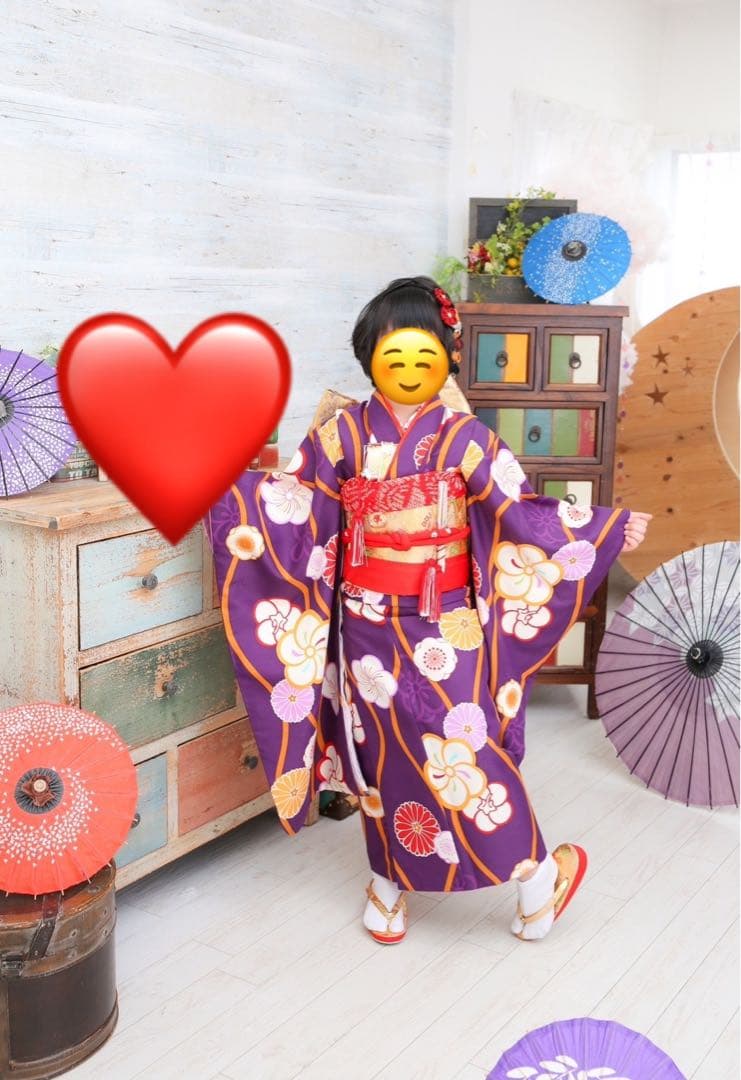 七五三　七歳　着物フルセット　紫　帯　小物一式　草履