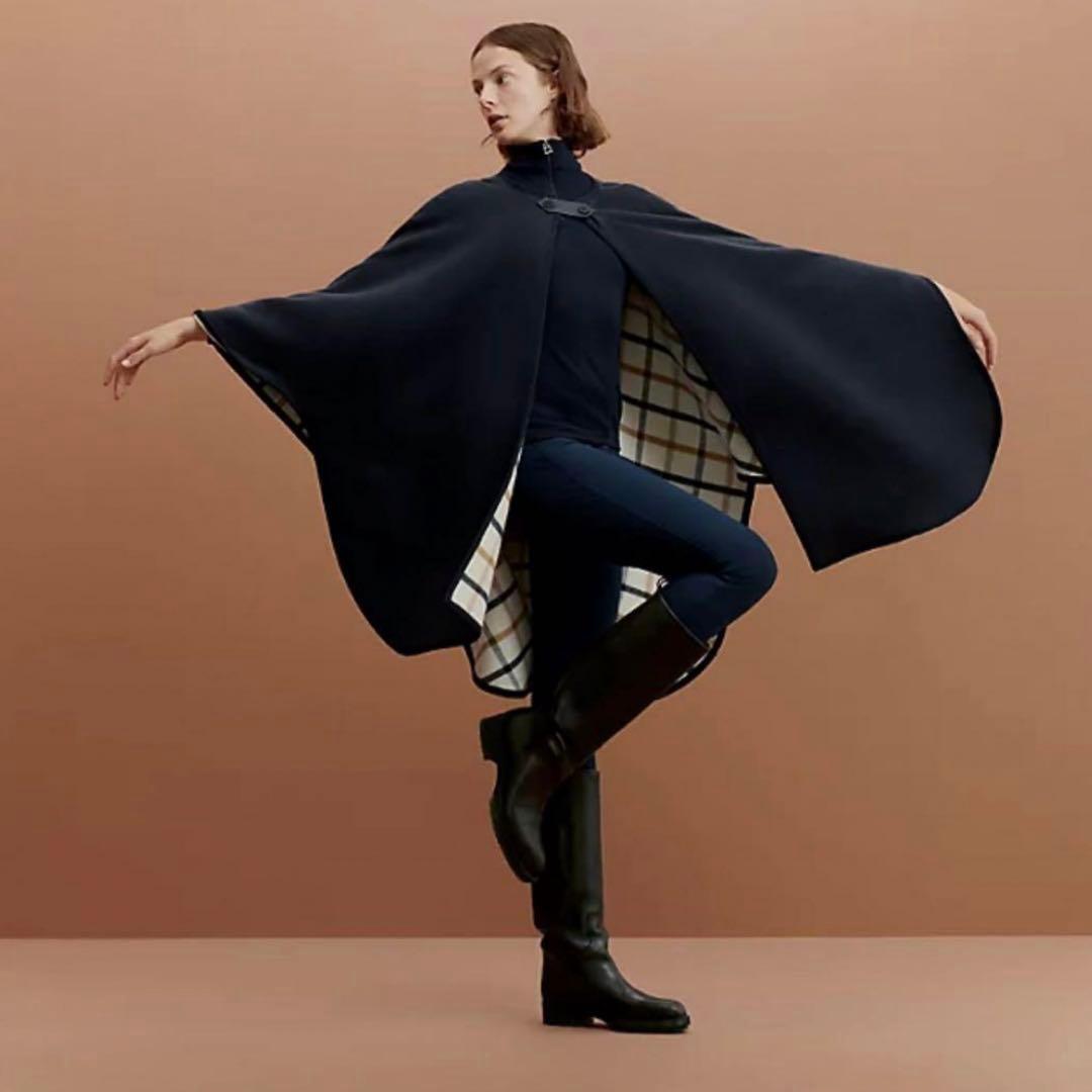 新品　HERMES エルメス　ポンチョ　リバーシブル　ウール　カシミア　ネイビー